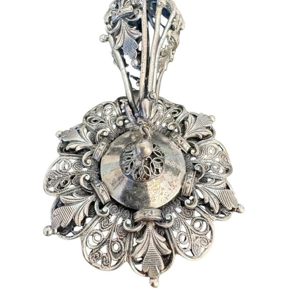 Joseff Hollywood Ornate Silver Metal Brooch with Blue Glass  Accents